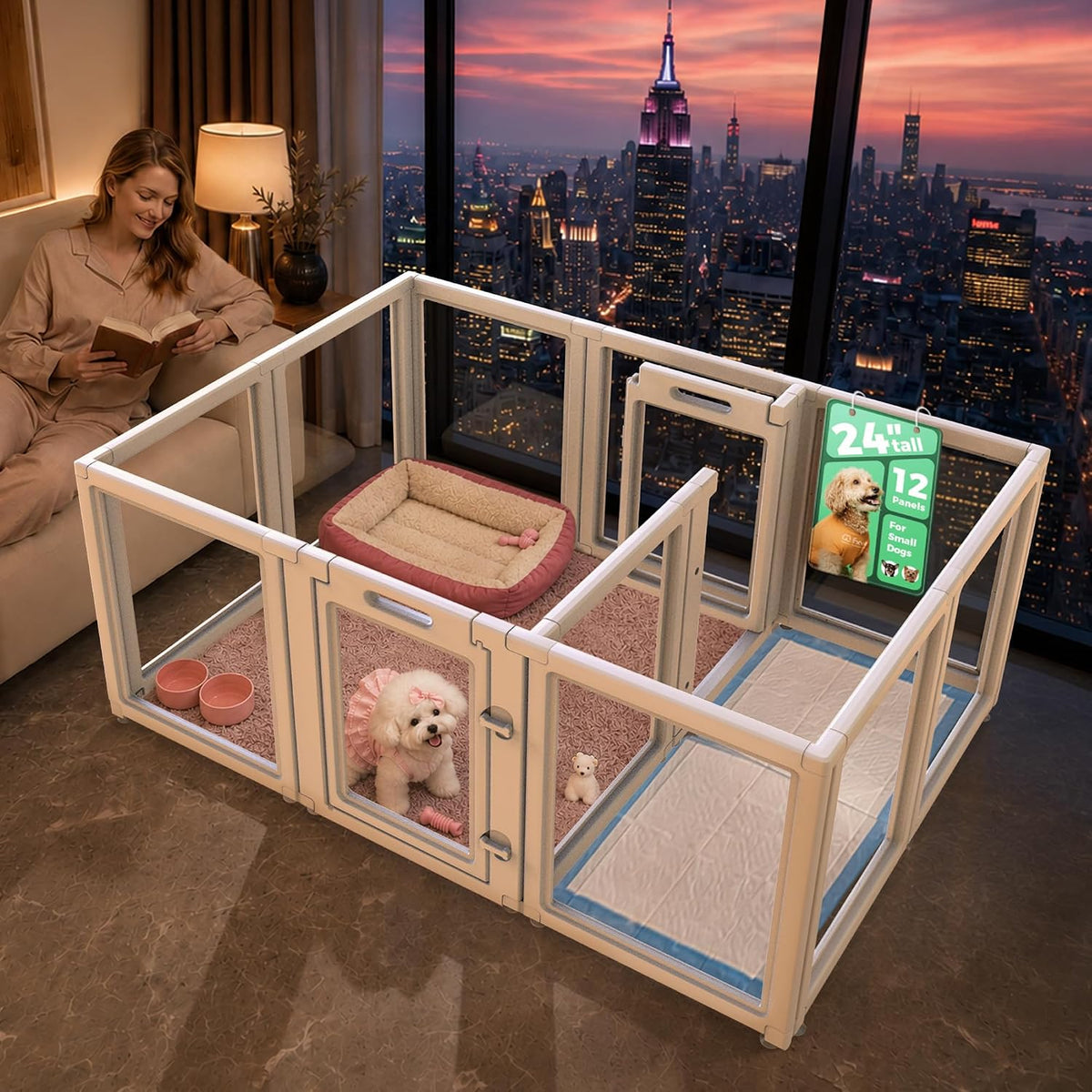 FXW AuraSpace Clear Acrylic Indoor Dog Playpen, 24" H - White / 24"H / 12 Panels