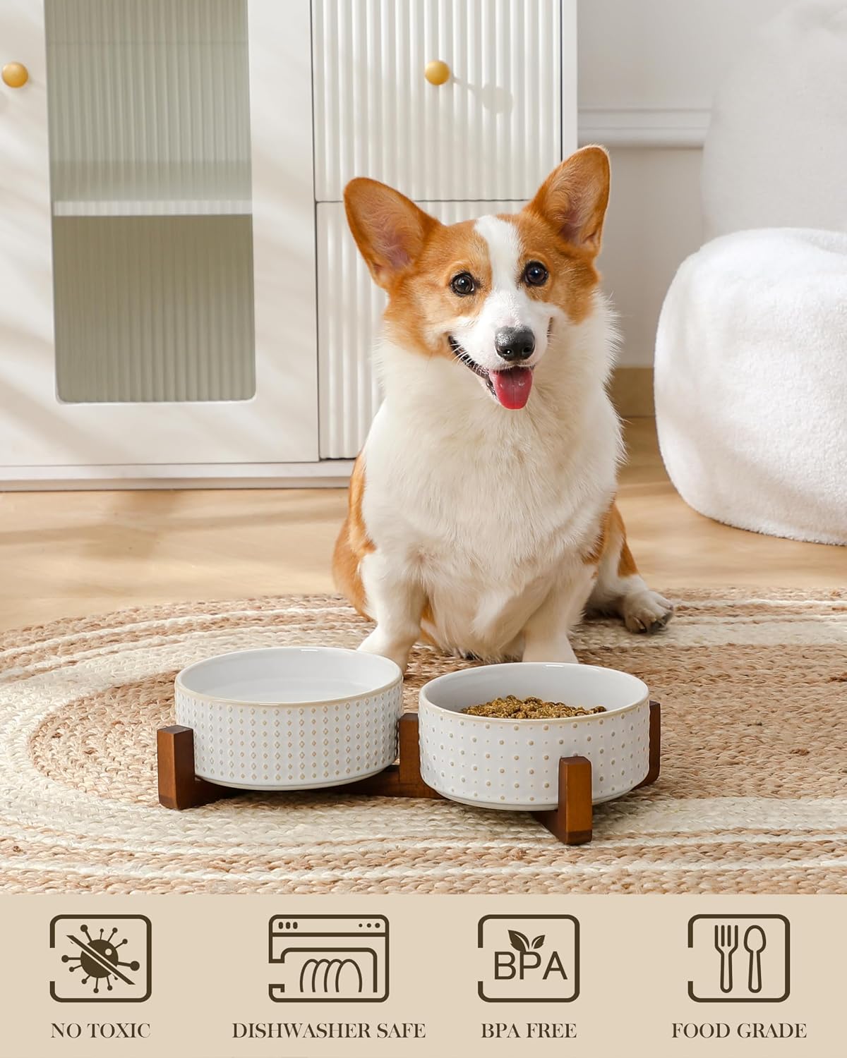 MALACASA Dog Bowl Set, Ceramic Bowls with Walnut Wood Stand - Rhombic+Polka Dots / 4 Cups - image 4