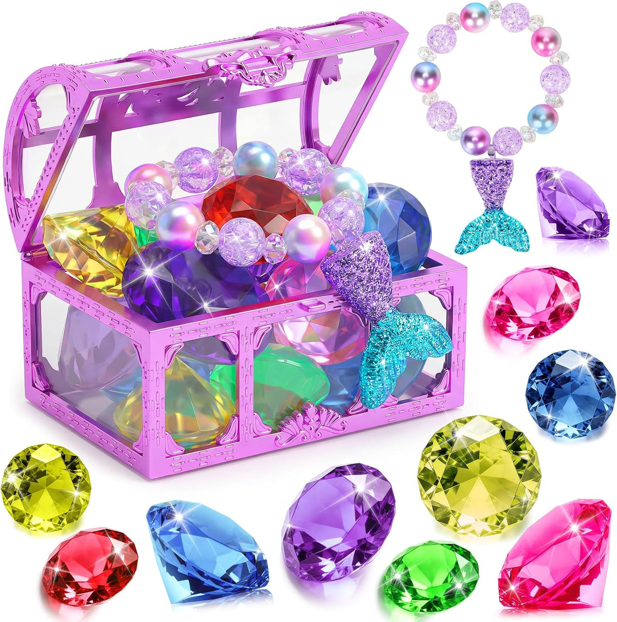 VGOFUN 31-piece mermaid diving pool toys with gems, pirate treasure chest and mesh bag