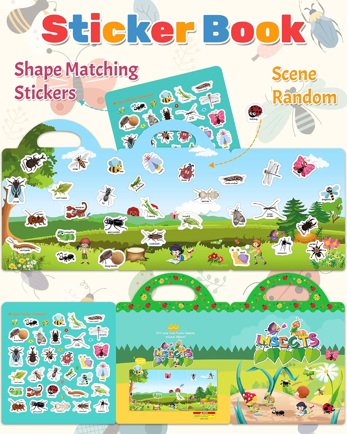 Benresive Reusable Sticker Book, Travel Stickers for Kids - Insect - image 2