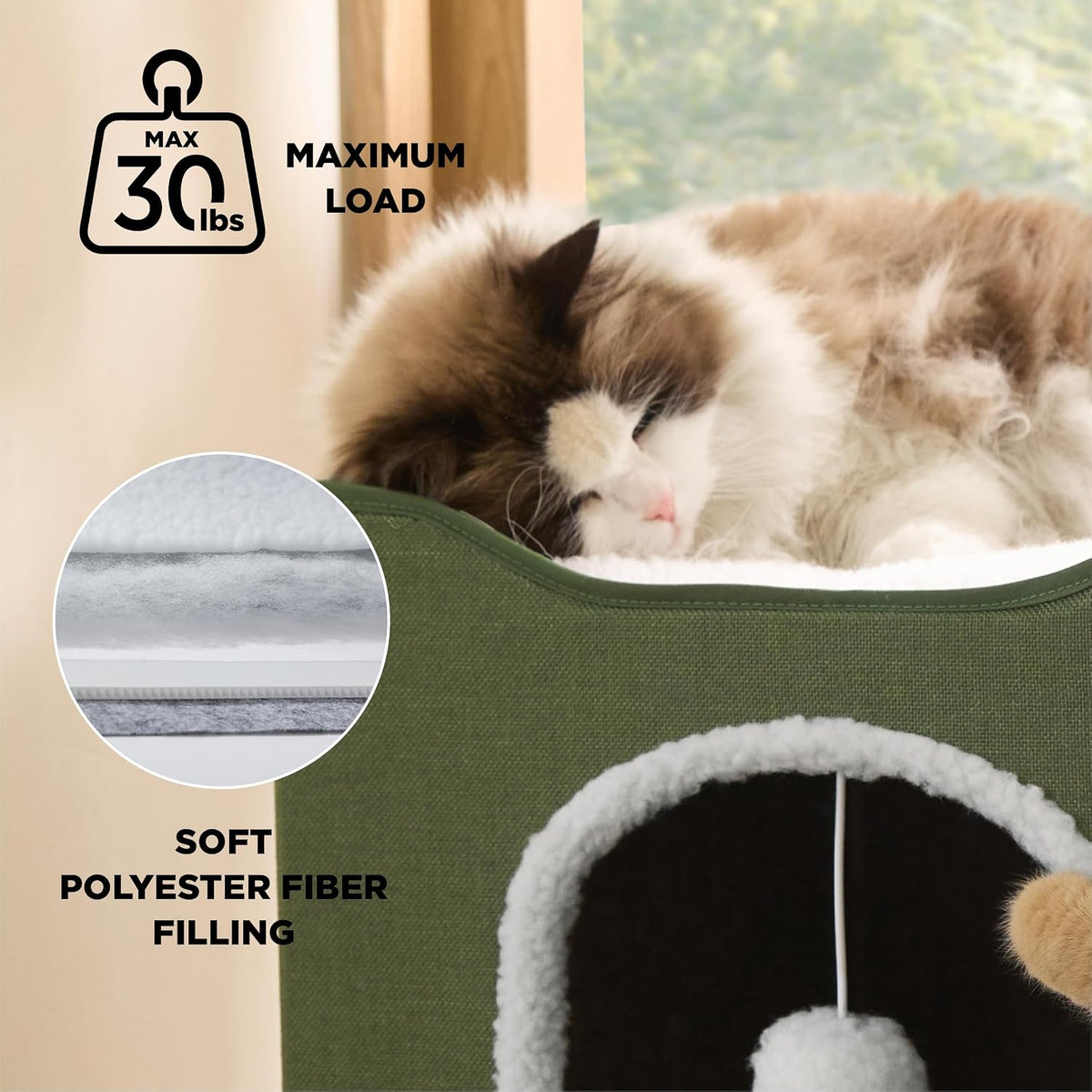 Bedsure Cat House Bed for Indoor Cats with Fluffy Ball and Scratch Pad - Loden Green / Single - image 2