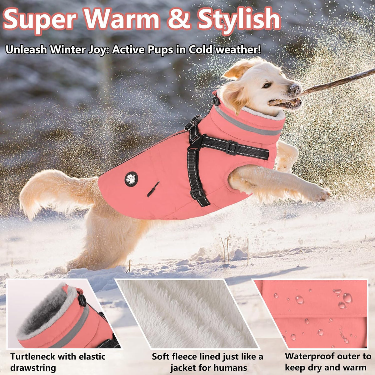 Dogcheer Dog Winter Coat with Harness - Light Pink / XX-Large(Chest:35.4", Back:23.6" Neck:23.6") - image 3