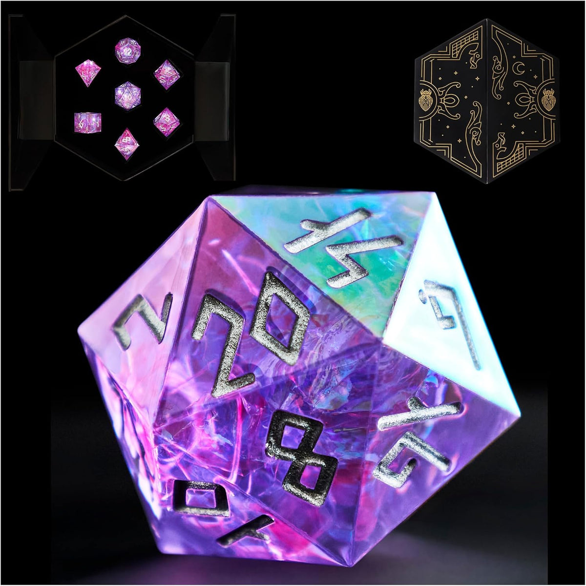HEIMDALLR liquid core DND dice set in Fenrir's Shadow with glowing LED display box - view 8