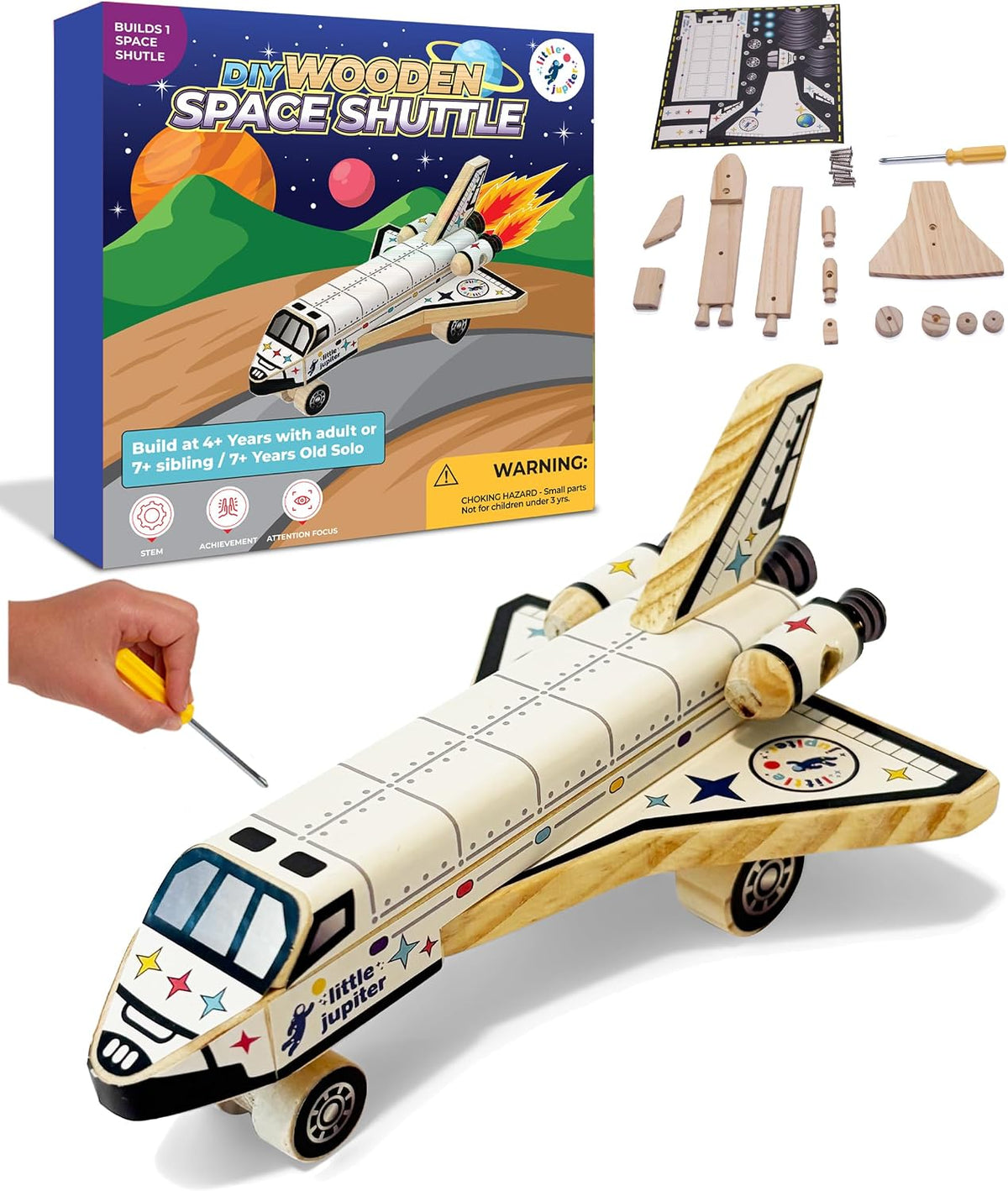 Little Jupiter DIY Wooden Kits w/Stickers, Kids Building Kit - Space Shuttle