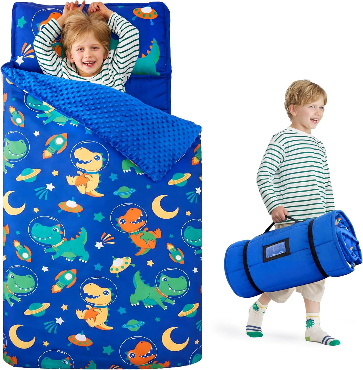 JOIEDOMI Toddler Nap Mat with Removable Pillow and Minky Blanket - Dark Blue Dinosaur
