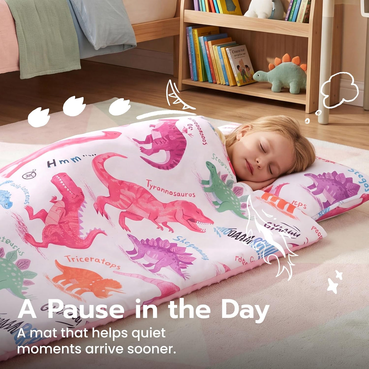 JOIEDOMI Toddler Nap Mat with Removable Pillow and Minky Blanket - Pink Dinosaur - image 4