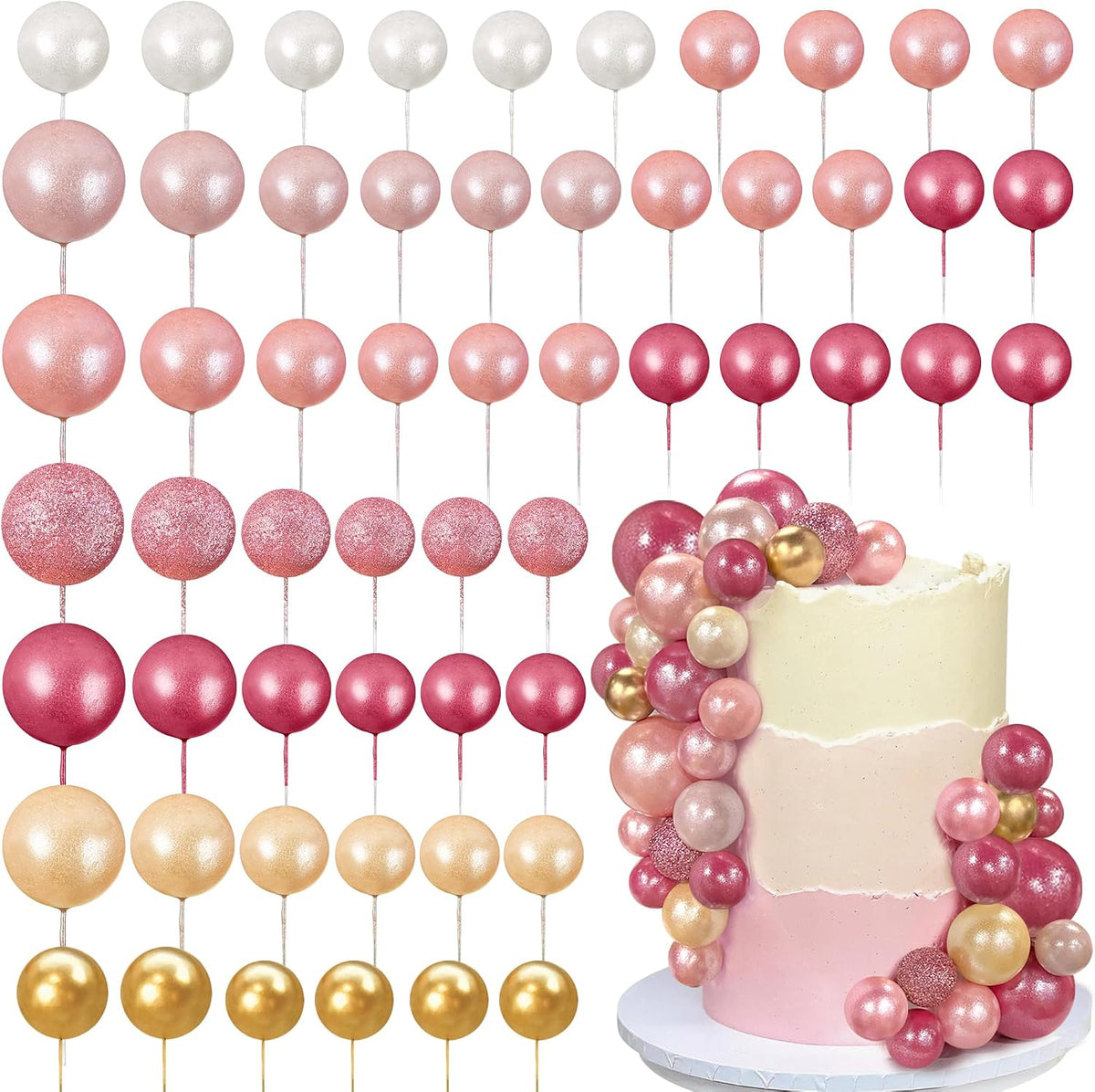 RASSLISA ball cake toppers, 56 plastic pearl balls in three sizes for cake decorating