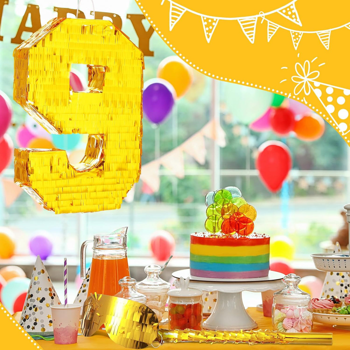 Sratte gold foil number piñata set with gold blindfold, piñata stick and bag of confetti - view 11
