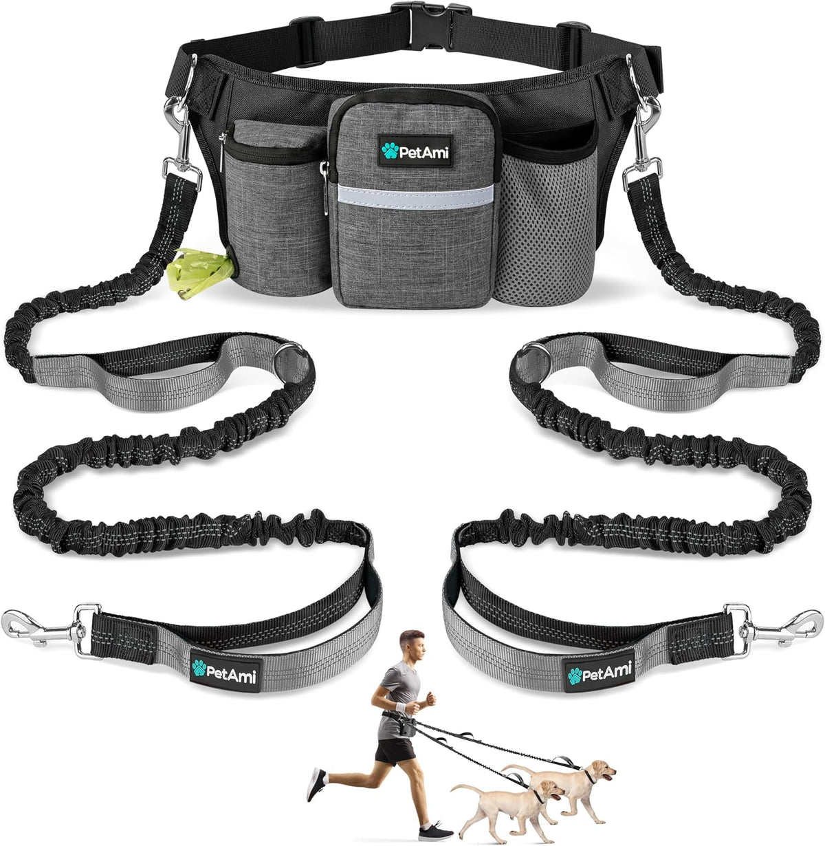 PetAmi Premium Hands Free Dog Leash for 2 Dogs - Charcoal Grey / 2 Leashes