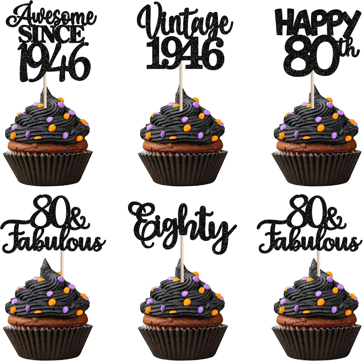 Rose gold glitter vintage 1946 cupcake toppers for an 80th birthday - view 6