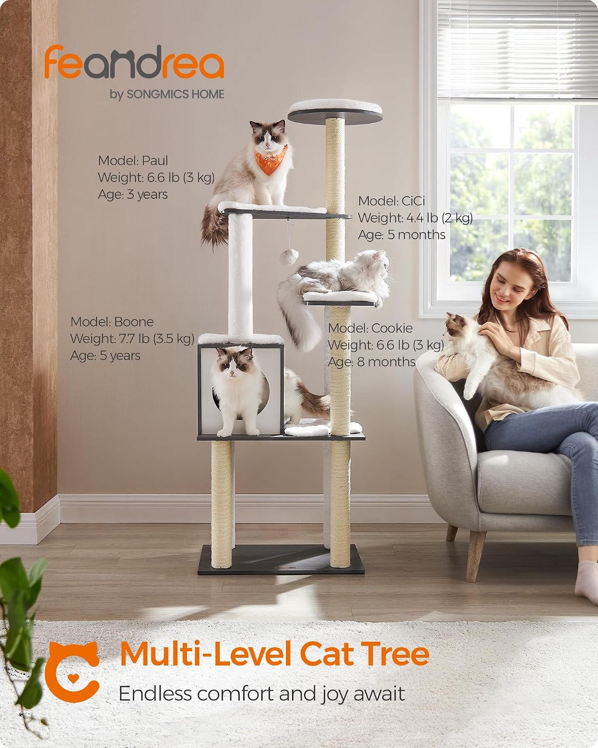 Feandrea Cat Tree, 64.6-Inch Multi-Level Tower with 5 Scratching Posts – Essentials for Cats - Misty Gray - image 2