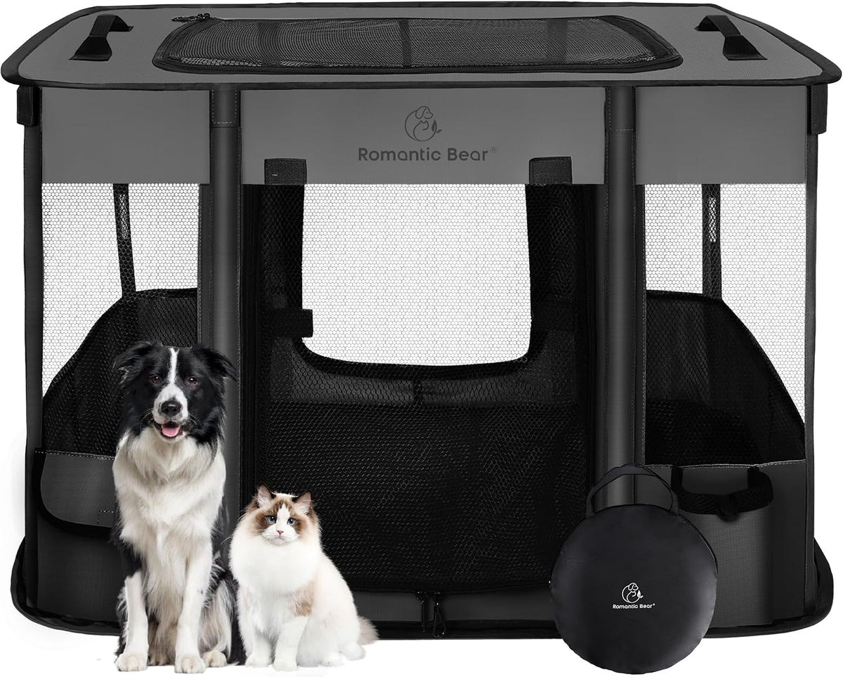 ROMANTIC BEAR Dog Playpen, Foldable Pet Puppy Cat Playpen, L - Grey / Large(40"x32"x24")