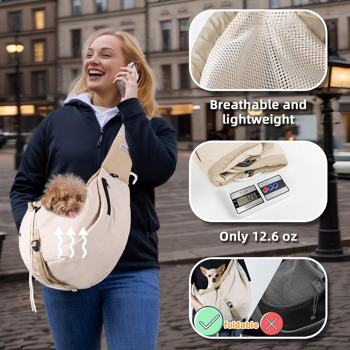 Dog Carrier Sling, Dog Carriers for Small Dogs Up to 20lbs - Beige - image 4