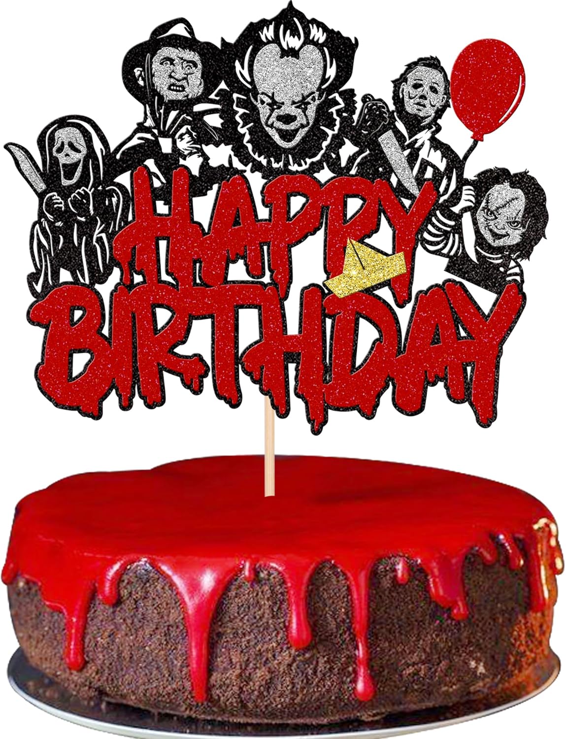 Zhuoweism Halloween horror Happy Birthday glitter cake topper on bamboo stick - view 4