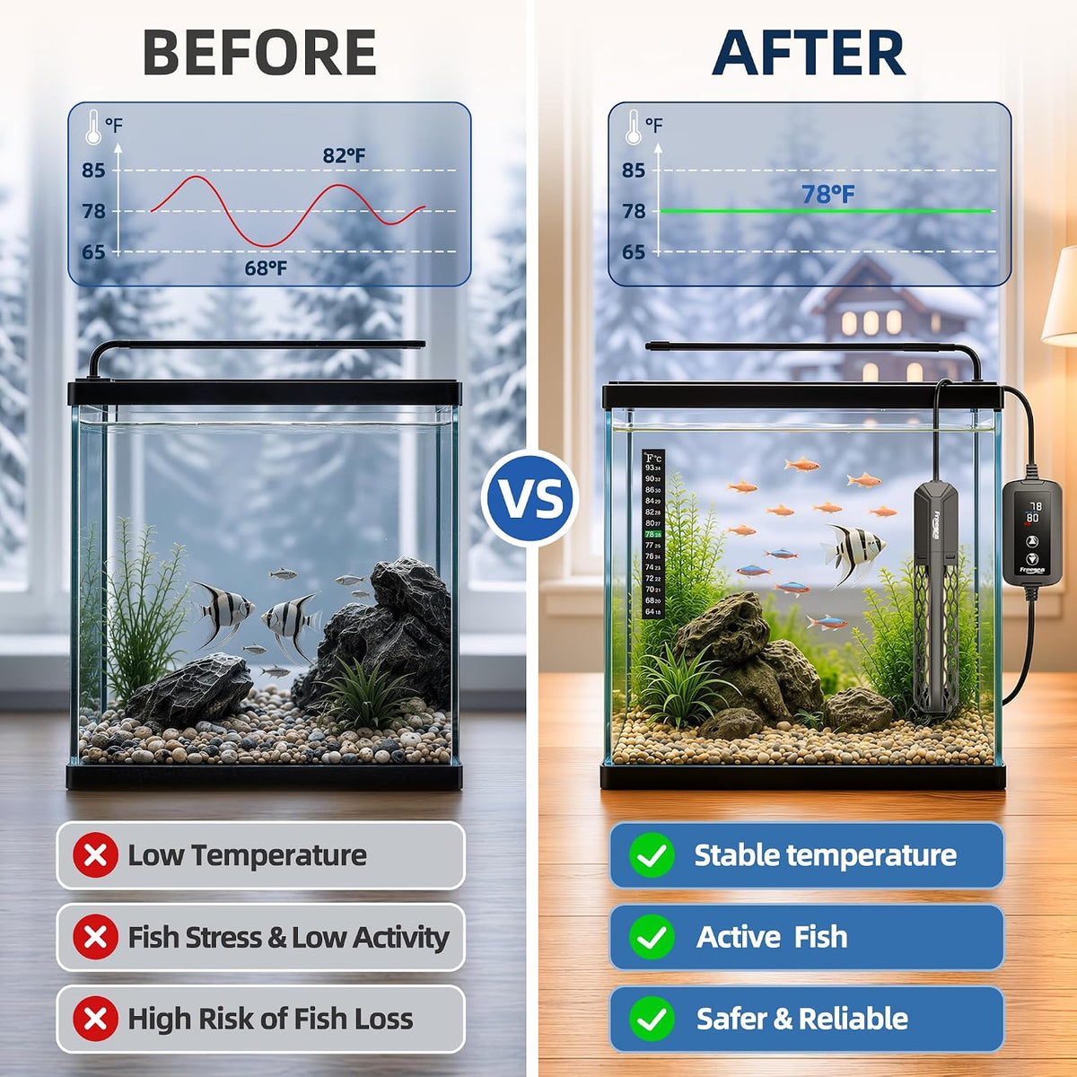FREESEA Adjustable Aquarium Heater 20-50Gal: 200W 64-95°F Precise - 200W(20-40gallon) - image 2