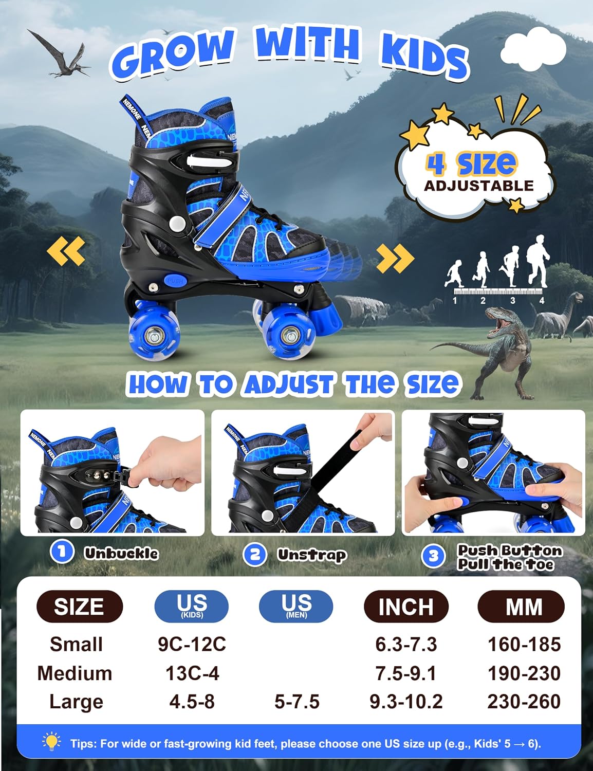 NEMONE Mermaid Adjustable Light up Roller Skates for Girls Boys – Fun for Kids & Family - B- Shadow Dinosaur / Small - Little Kid - image 4