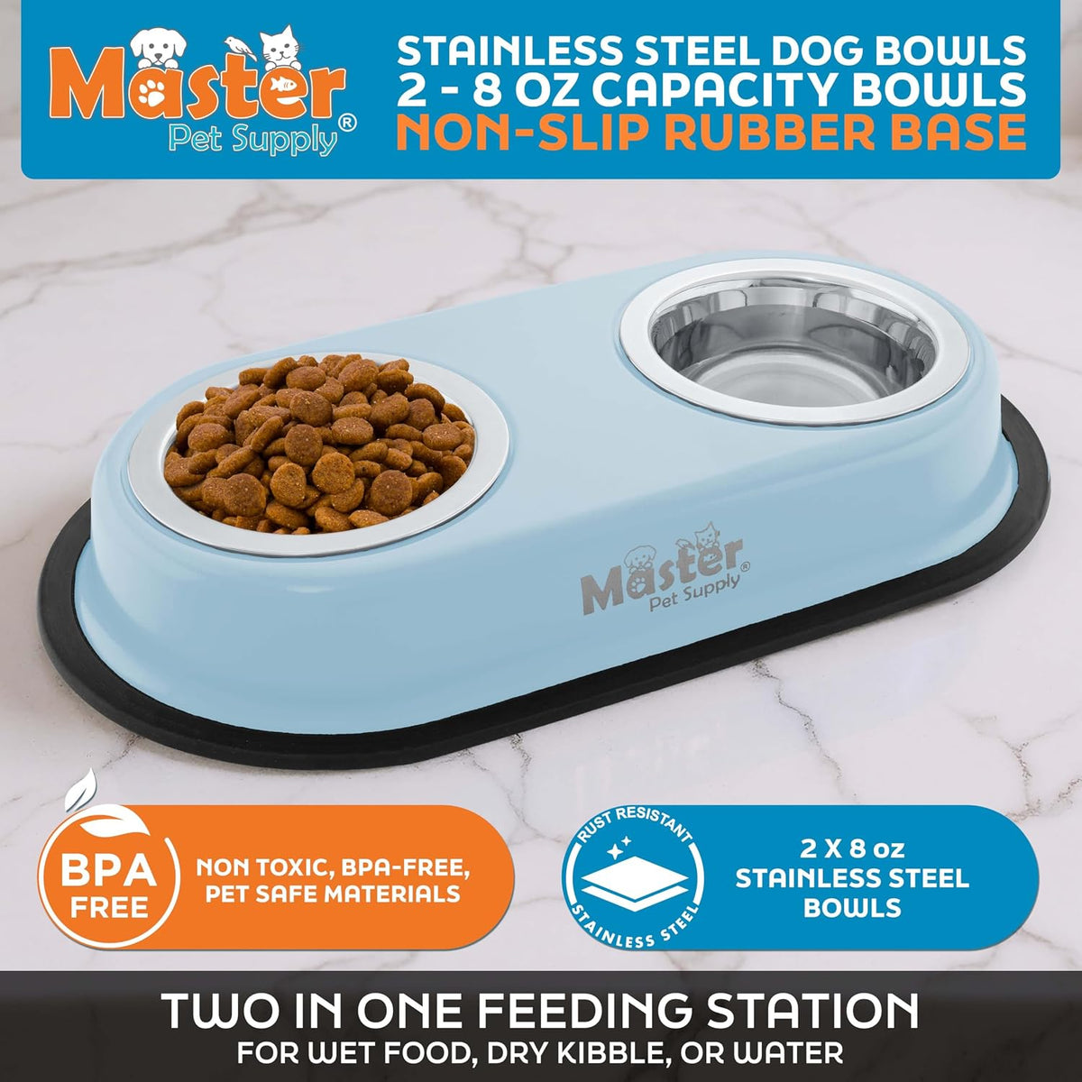 Master Pet Supply Double Dog Bowls Set with Elevated Base Black Velvet – Essentials for Dogs - Glacier Blue - image 2