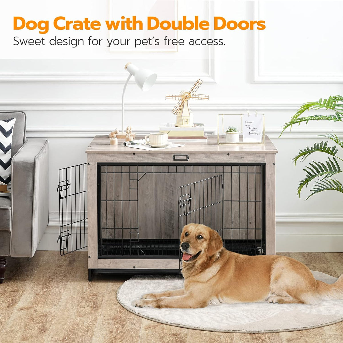 HOOBRO Dog Crate Furniture, 38.6" Large Dog Kennel Indoor - 38.6"L x 25.6"W x 26.9"H / Greige - image 2