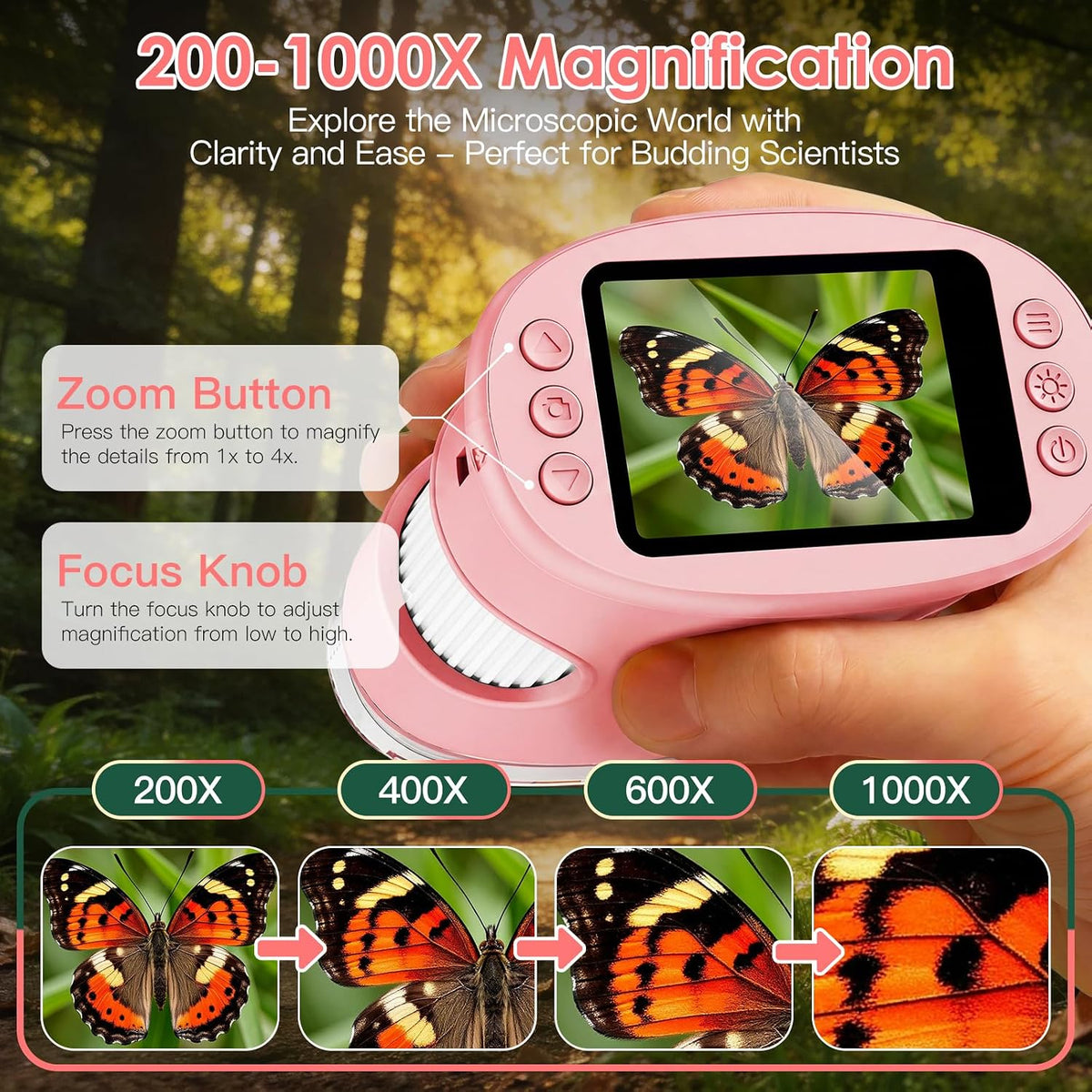 4K 1000X Handheld Digital Microscope for kids 2.0" IPS Screen – Fun for Kids & Family - Pink - image 2