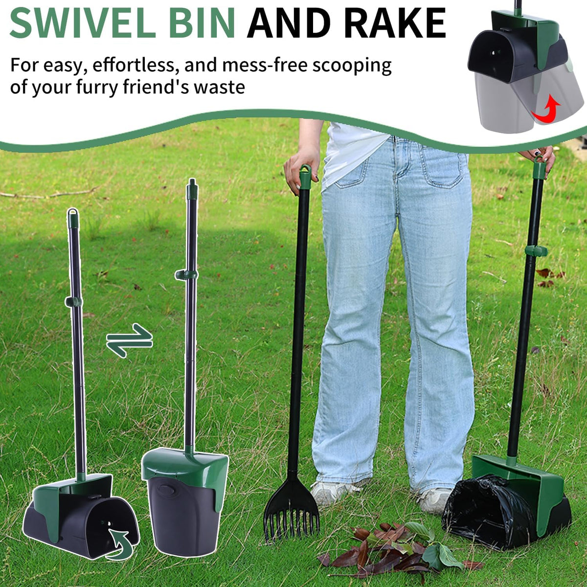 Pooper Scooper Large Swivel Bin & Rake with 160 Waste Bags - Dark Green - image 3