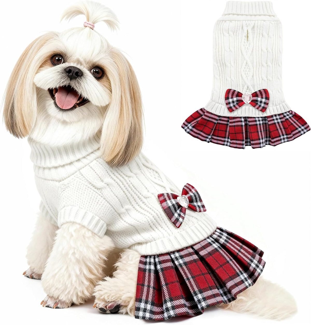 Small Dog Sweater Dress with Bowtie Turtleneck - Large (14-21lbs) / White