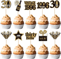 36PCS Happy 80th Birthday Cupcake Toppers Double Sided Black Gold - Vintage / 30th