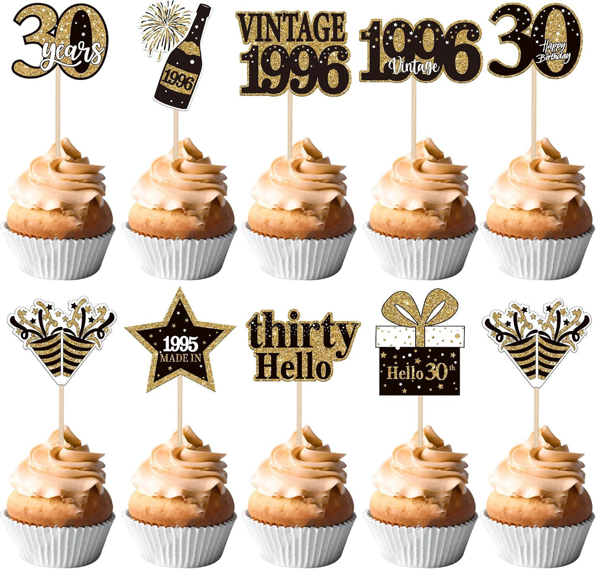 36PCS Happy 80th Birthday Cupcake Toppers Double Sided Black Gold - Vintage / 30th