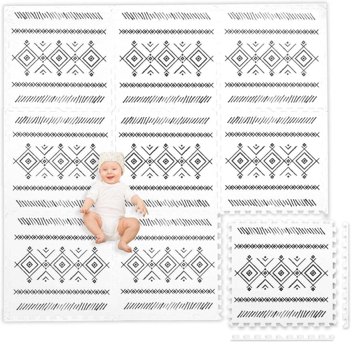 Play Platoon Kids Play Mat, 9 Tile 72x72 Inch - 72"L x 72"W x 0.6"Th / White & Black