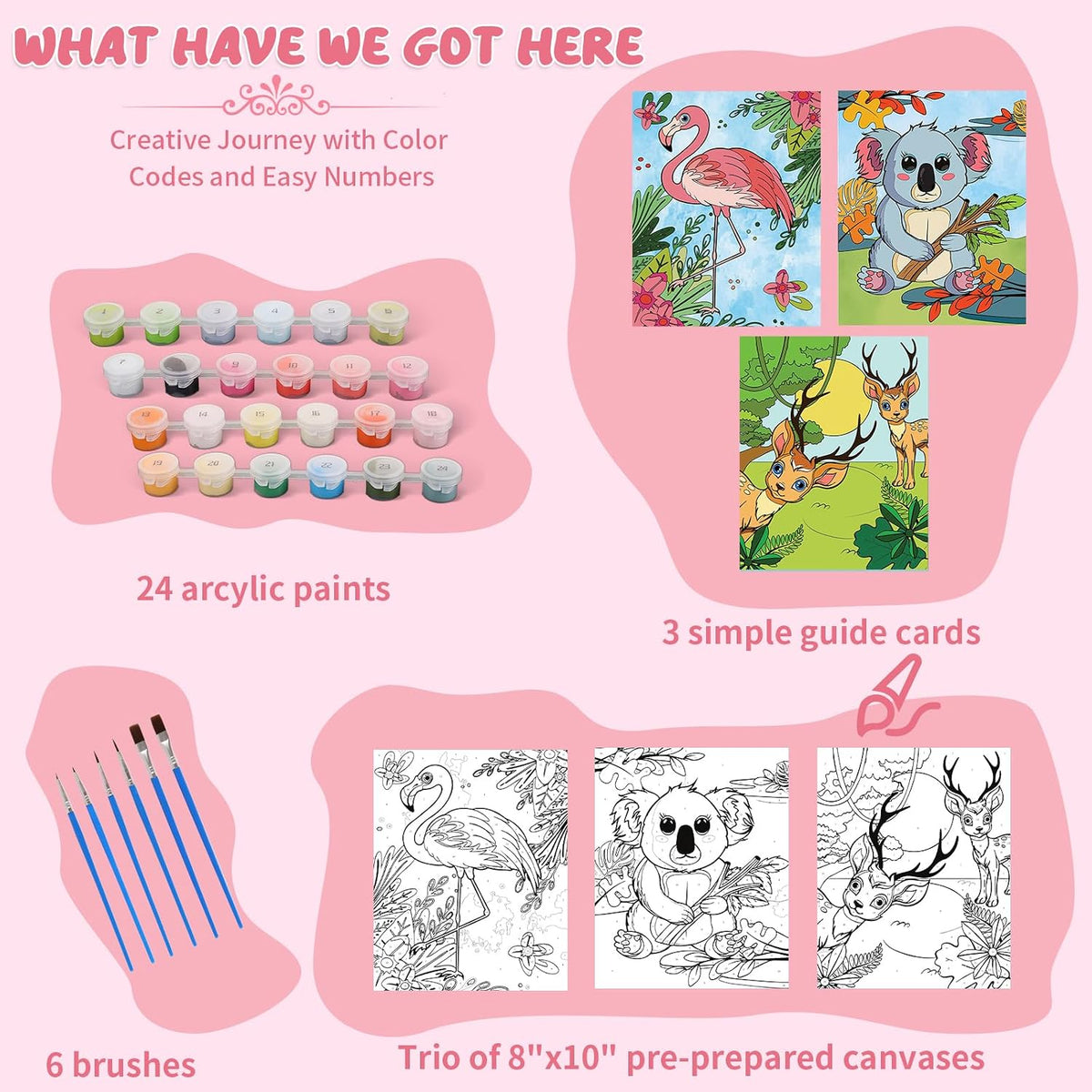 Jovial & Joyful kids paint by number kit with three framed animal canvases and paint pots - view 9
