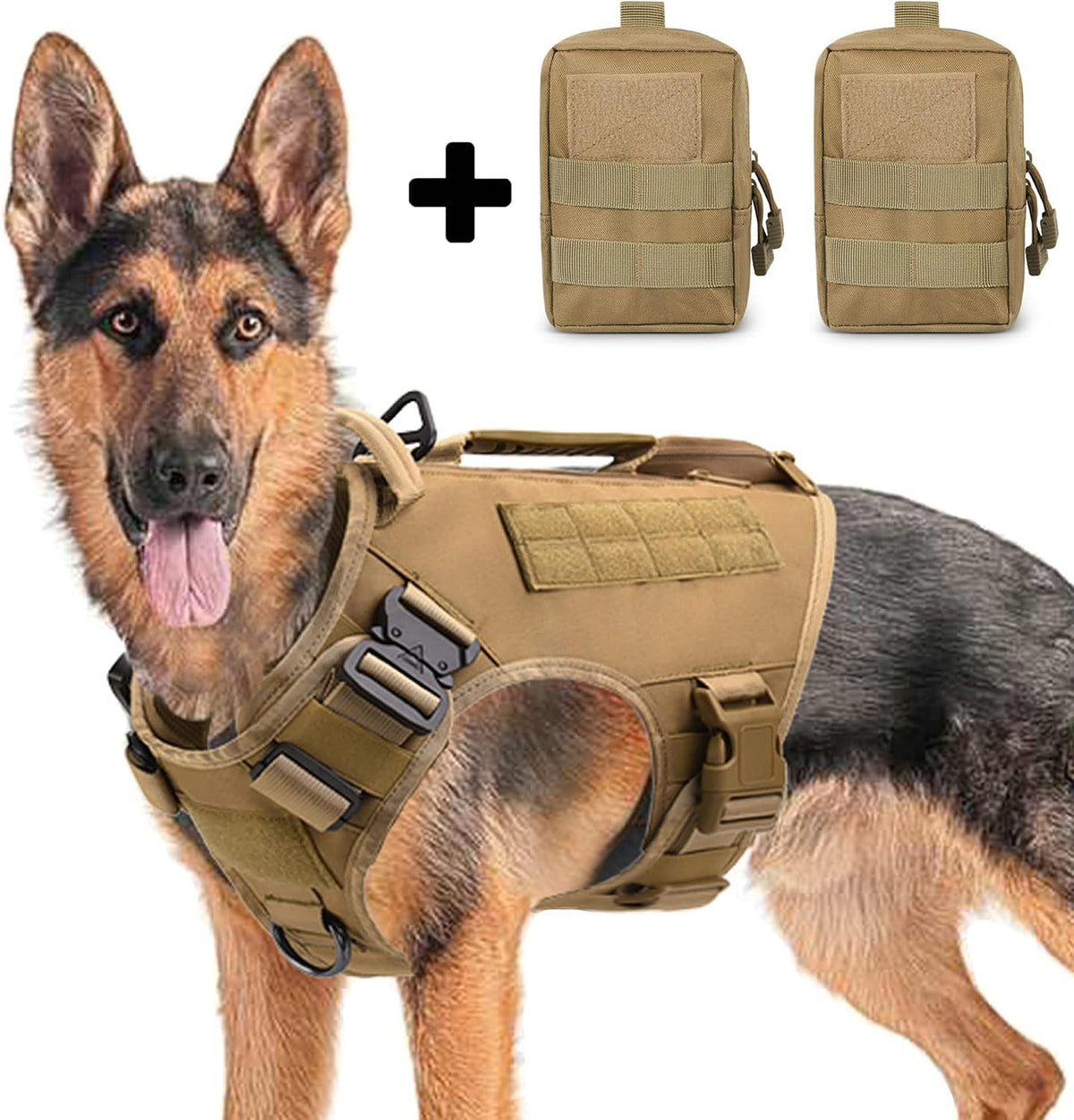 Tactical Dog Backpack Harness for Large Breed Original Design Metal - M / Khaki (with 2 pouches)