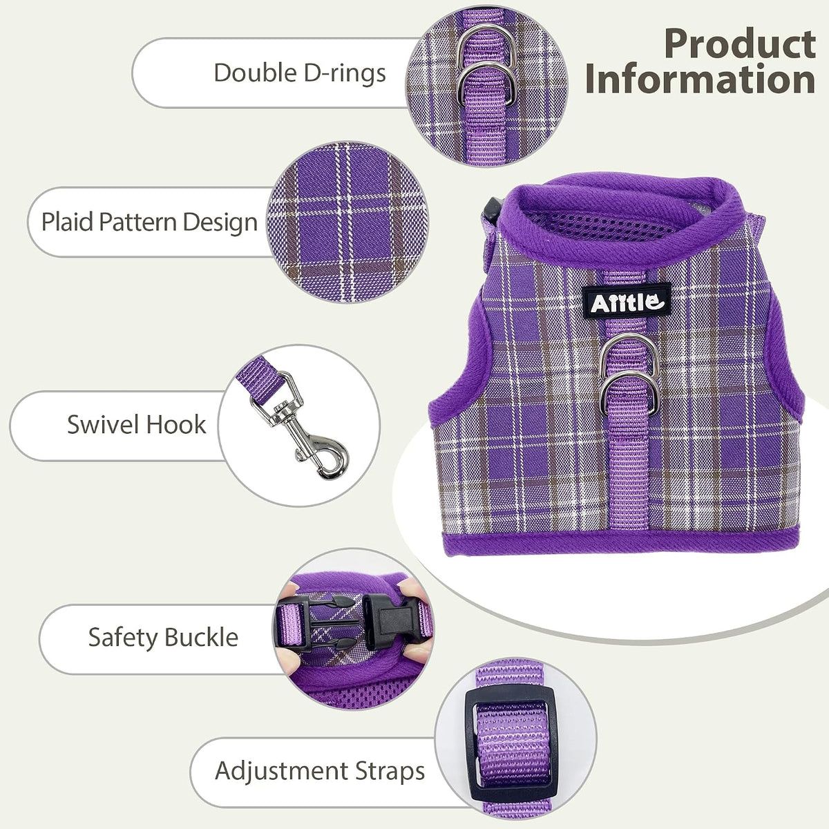 Plaid Breathable Rabbit Harness and Leash Set Escape Proof - Purple / S - image 4