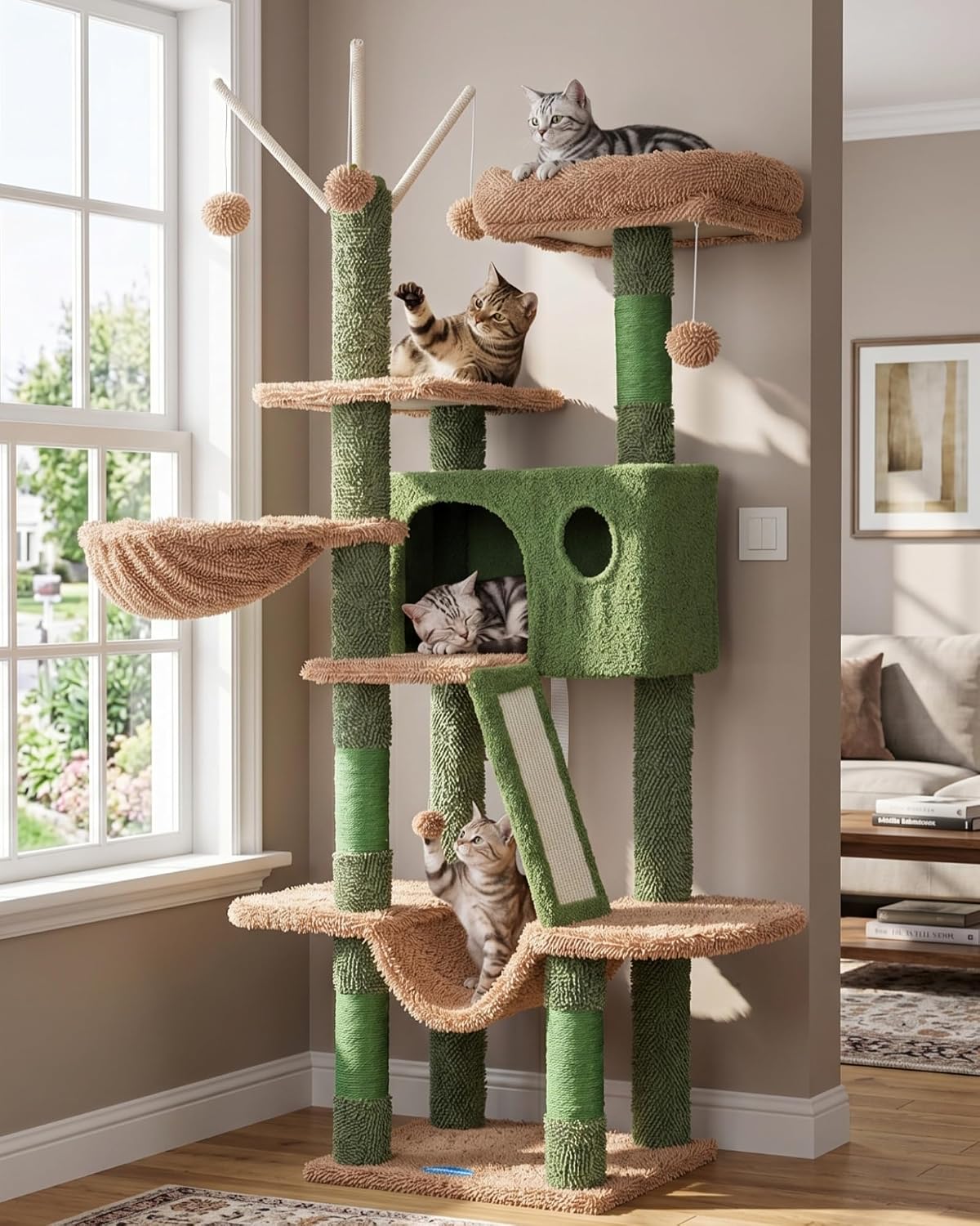 Hey-brother Cat Tree Tower with Padded Platform Bed, Hammock - 53 Inch / Cactus