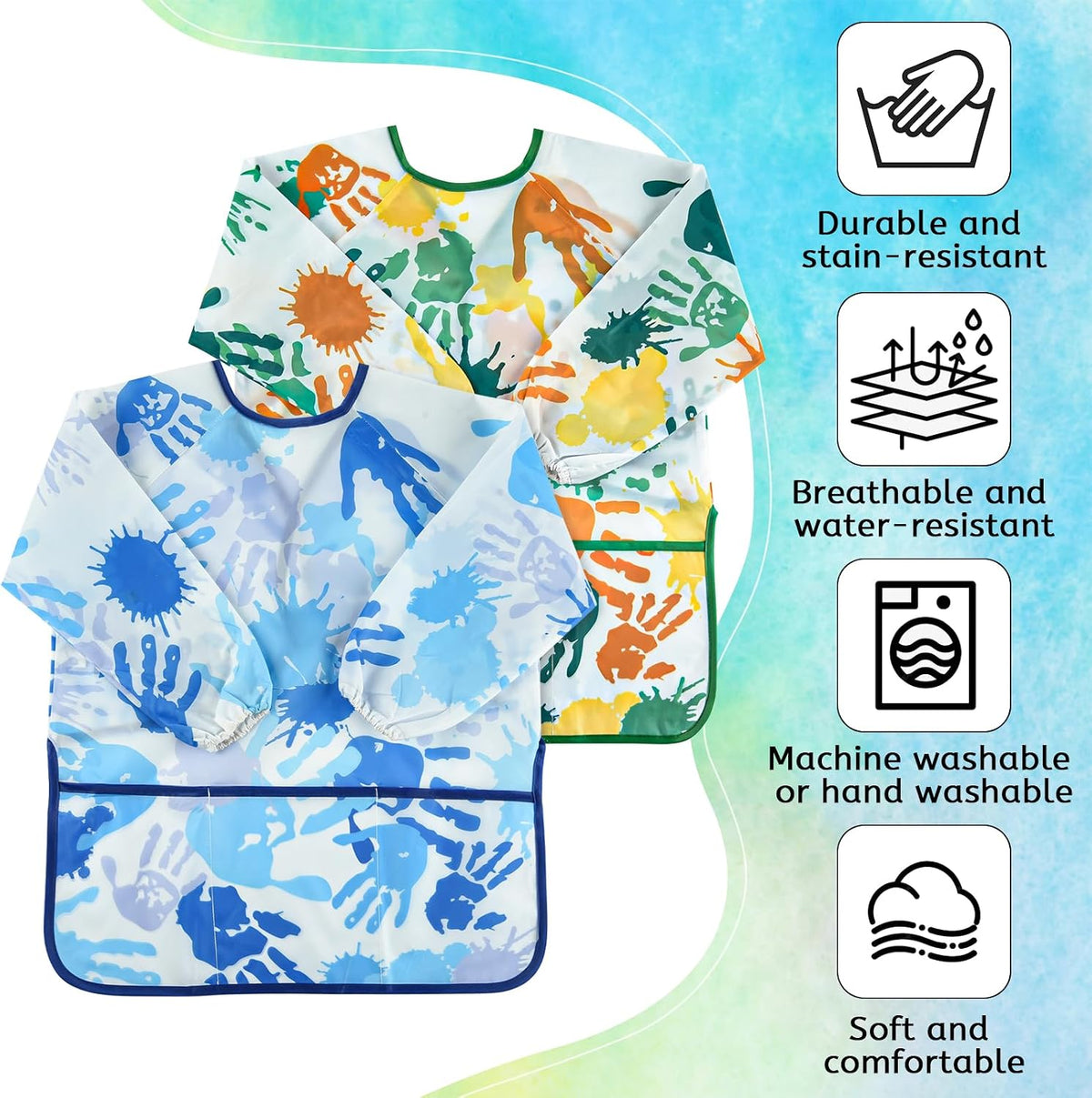 2 Pcs Kids Art Smock Painting Toddler Smock Long Sleeve with 3 - Blue+green / 2 - image 3