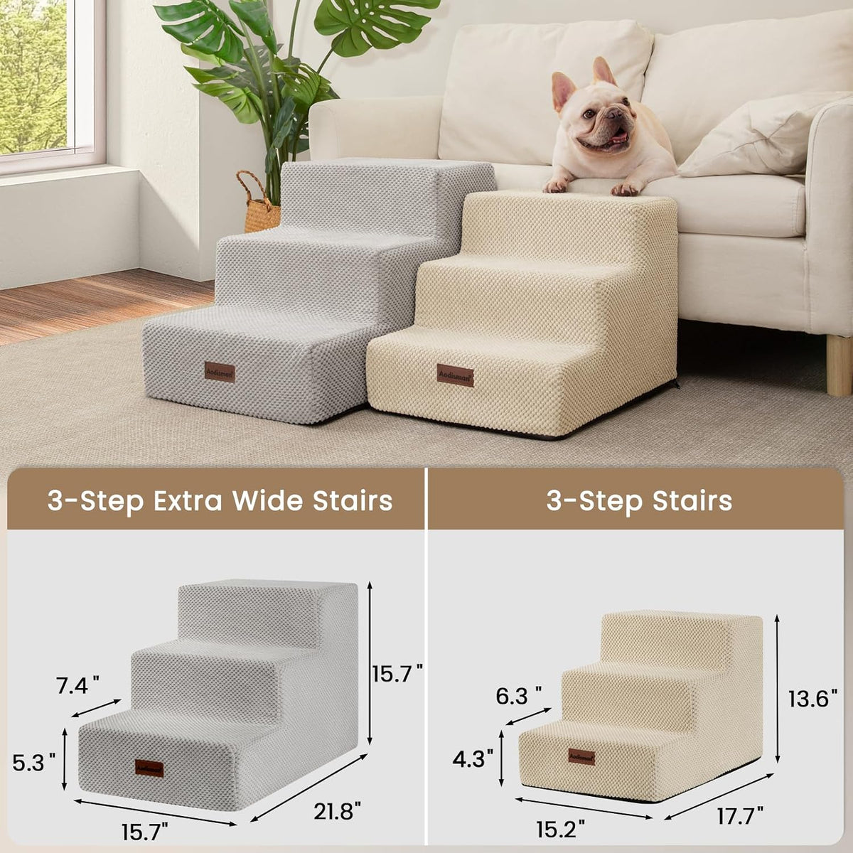 Dog Stairs for Small Dogs & Cats - Light Grey / Wider 3-Step 15.7" H - image 4