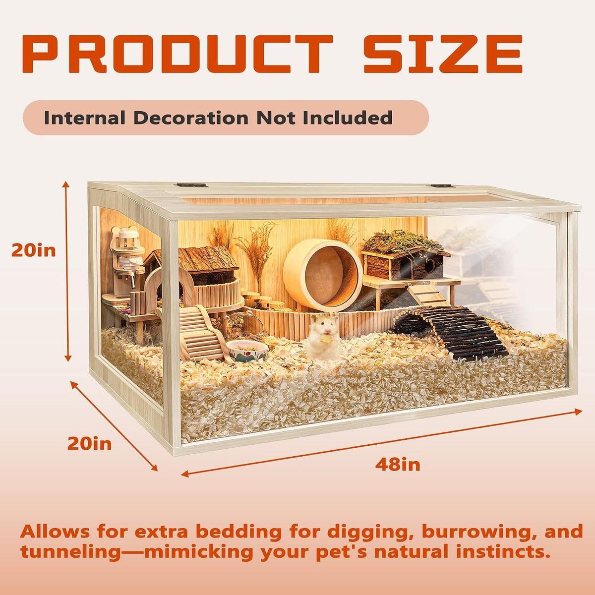 Hamster Cage Chewproof, Large Hamster Cages and Habitats - Natural Oak Wood / 48"L x 20"W x 20"H / Openable Wooden Roof - image 3