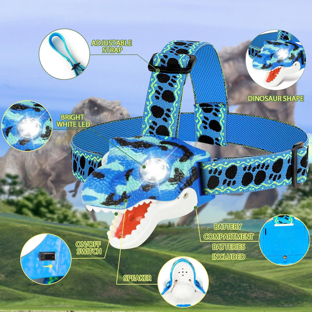 DX DA XIN Dinosaur Headlamp T-Rex LED Headlamps for Kids Flashlights - Camouflage Blue - image 2