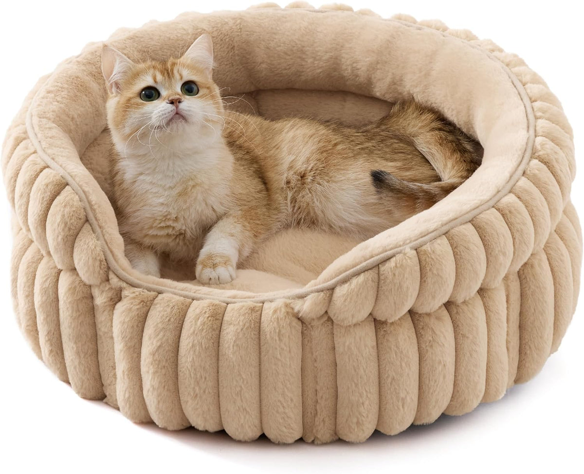 Bedsure ComfyFleece Washable Cute Cat Bed, Soft Round Kitten Bed - 20''x20''x8'' / Sandy Beige