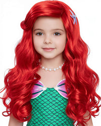 Funna long curly red mermaid wig for girls with starfish hairpin accessories