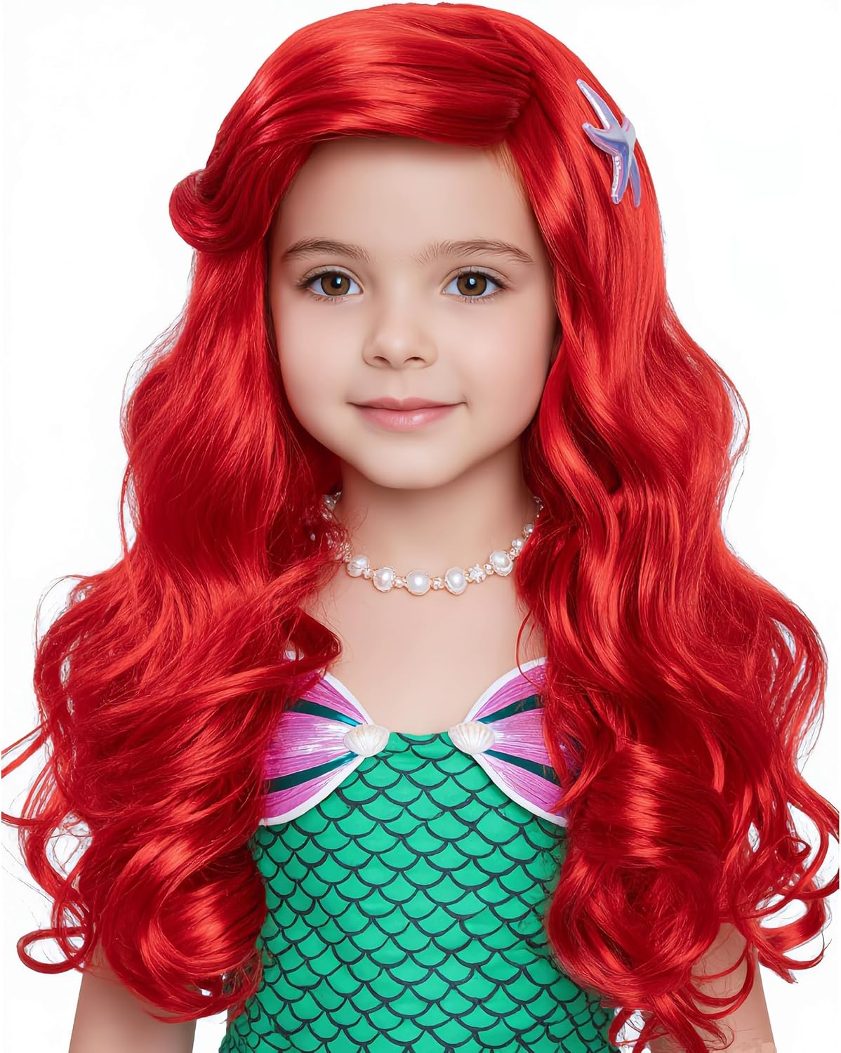 Funna long curly red mermaid wig for girls with starfish hairpin accessories