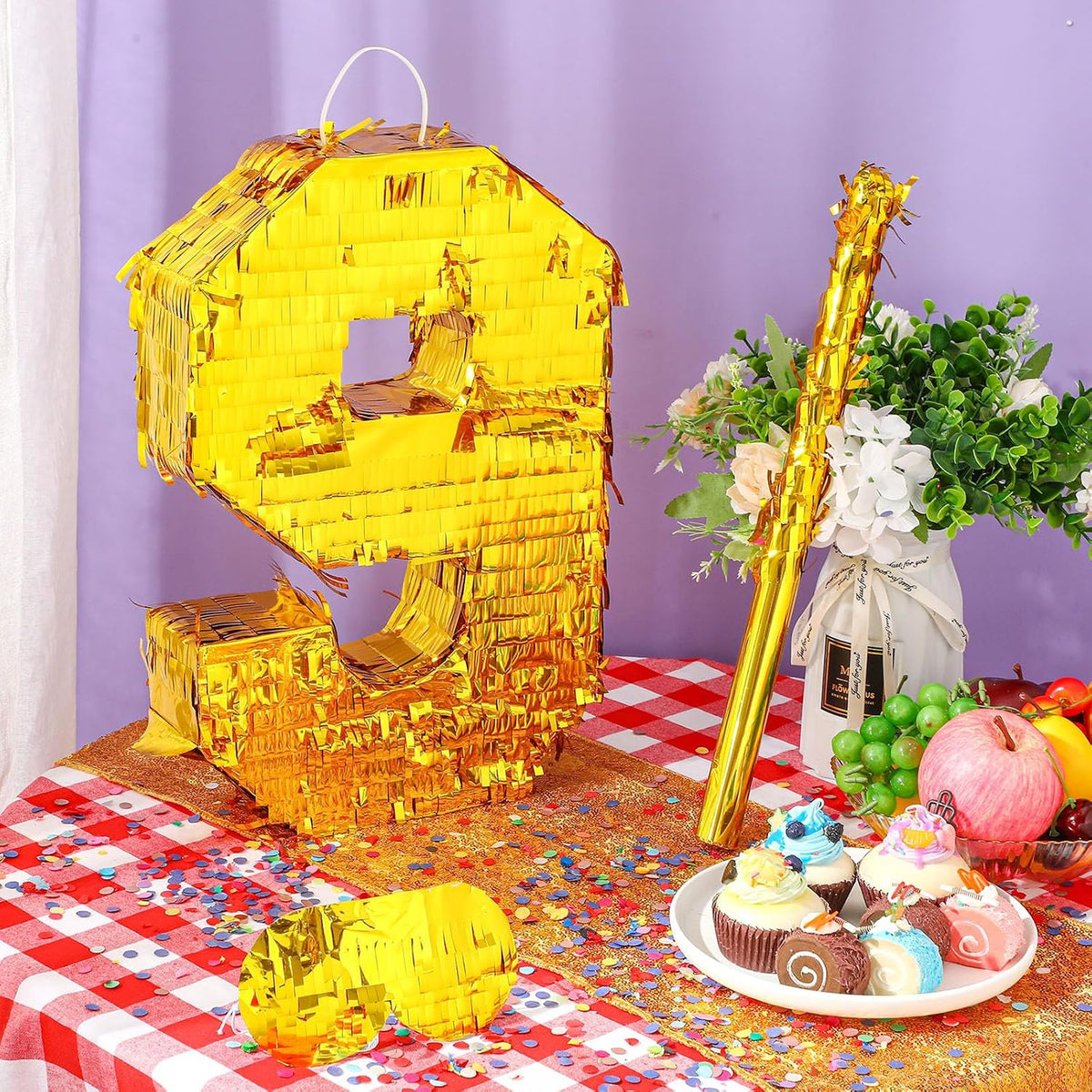 Sratte gold foil number piñata set with gold blindfold, piñata stick and bag of confetti - view 10