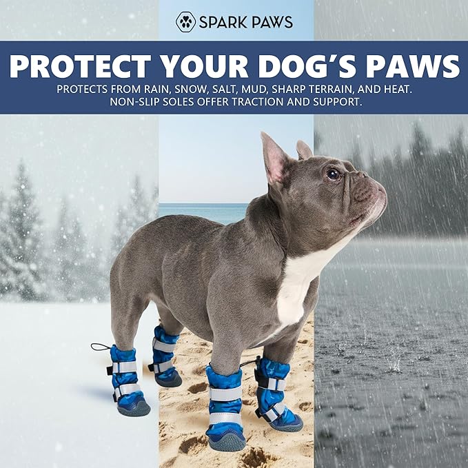 Spark Paws Dog Shoes, Waterproof Dog Boots for Medium to Large Dogs, Non Slip, Breathable Dog Booties and Paw Protectors - 4PCS Doggie Hiking Boots with Reflective Straps, Blue Camo, Size 6