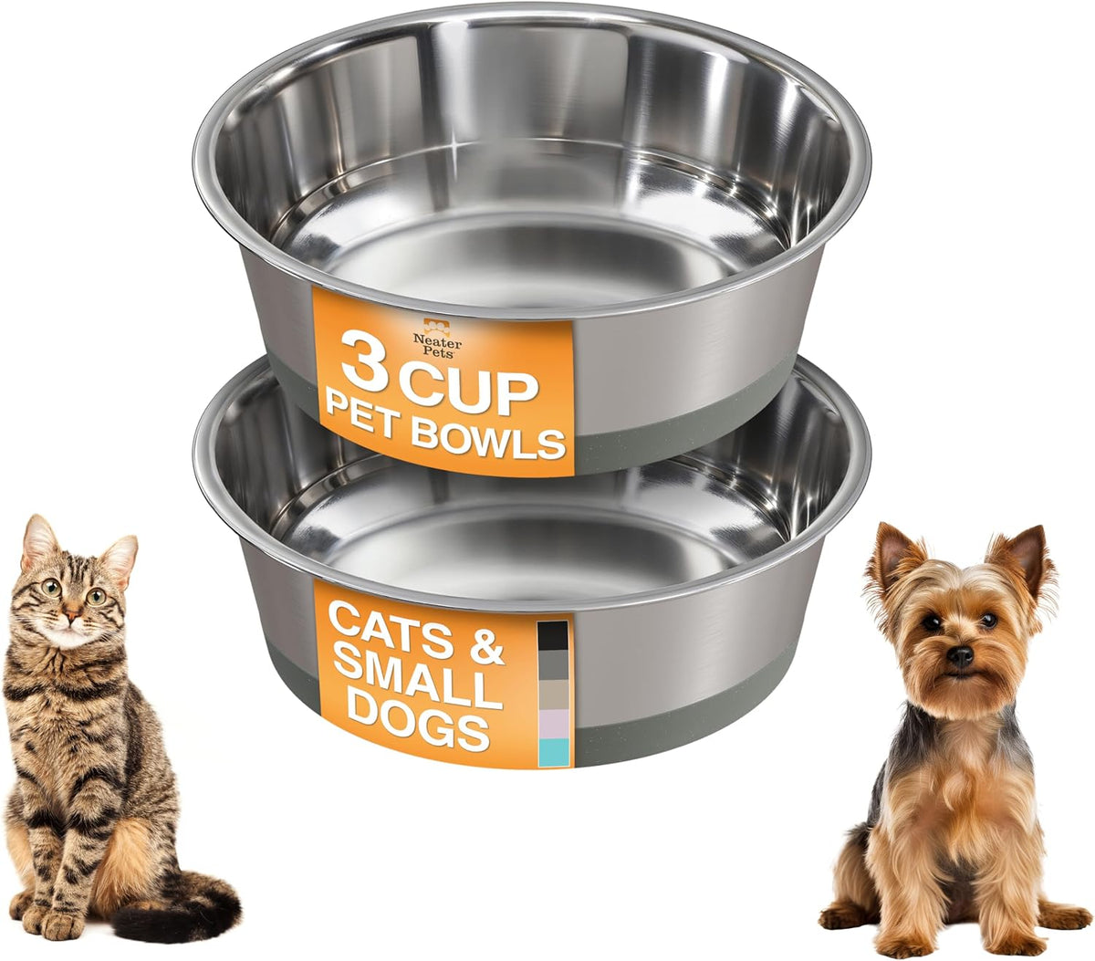 Neater Pet Brands Stainless Steel Dog Bowls with Non-Slip Rubber - 3 Cup (Set of 2) / Gray