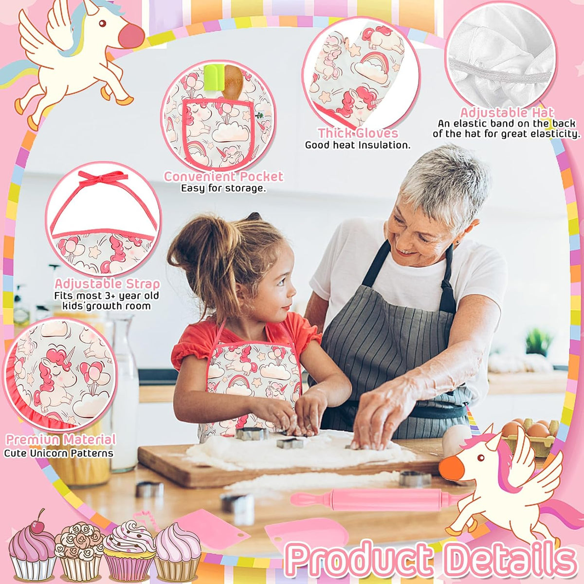 KAEGREEL Kids Baking Chef Set with Unicorn Apron and Mitt - Pink Unicorn Apron +6 Animal Model Cookie Cutters - image 4