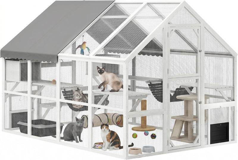 PawHut 110" L Large Catio Outdoor Cat Enclosure for Multiple Kittens - 110.2"L x 73.0"W x 74.0"H / White