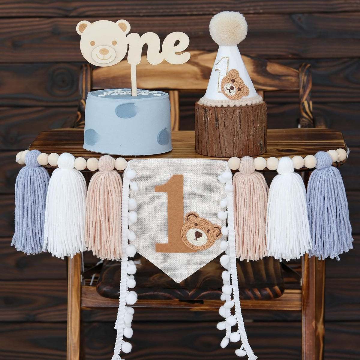 DCJHFJ First Birthday Decorations for Boy Highchair Banner One - Blue Khaki White