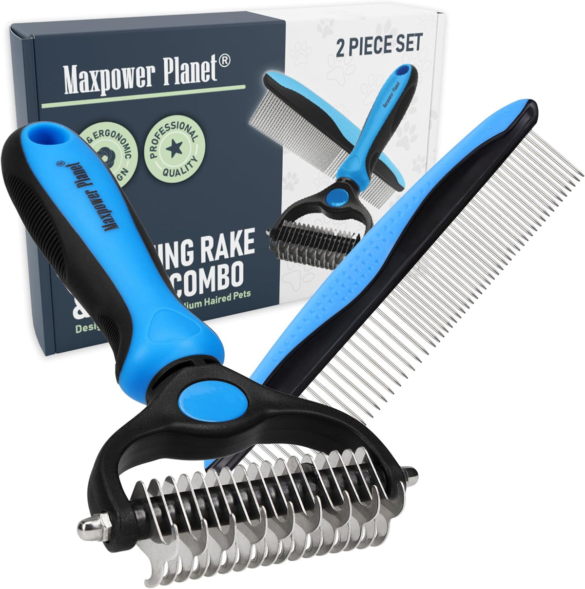 Maxpower Planet Dog Grooming Rake, Deshedding Undercoat Brush - C - Rake and Comb Kit (Best Value) / Large