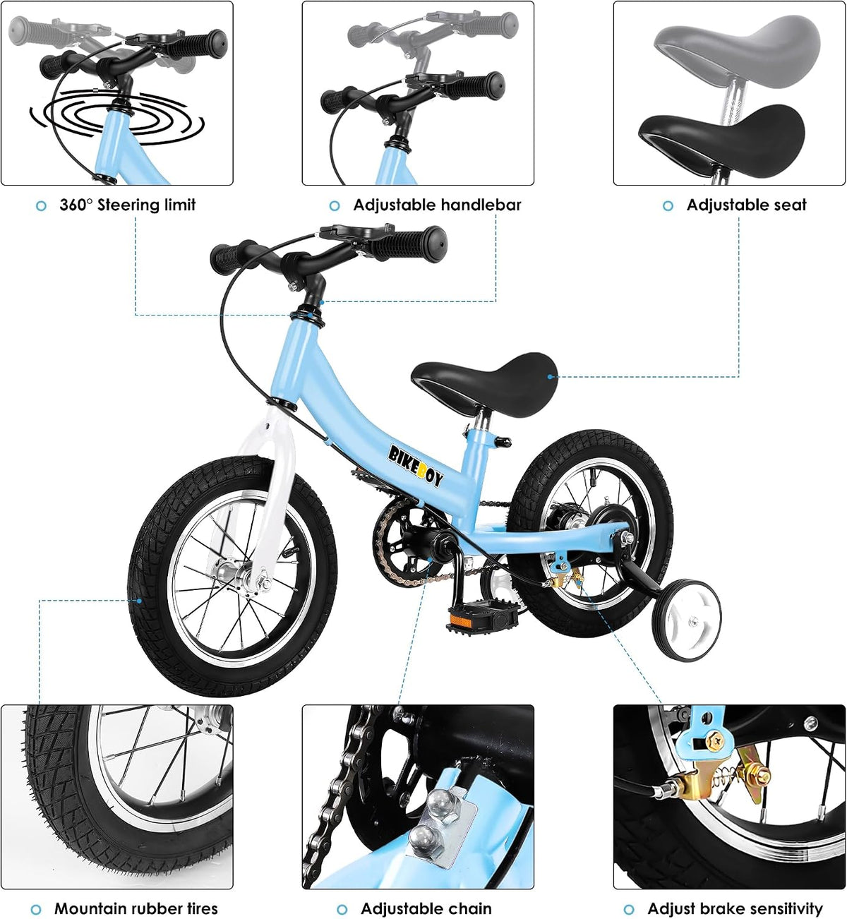 bikeboy 2 in 1 balance bike with pedals and hand brake, 12 14 16 inch wheels - view 8