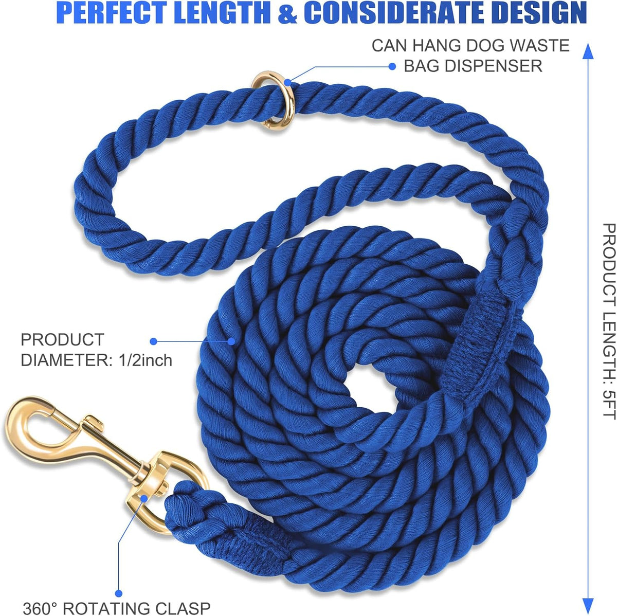 5 FT Handmade Rope Dog Leash for Small Medium and Large Dogs – Essentials for Dogs - 5FT x 1/2in (Pack of 1) / Navy Blue - image 2