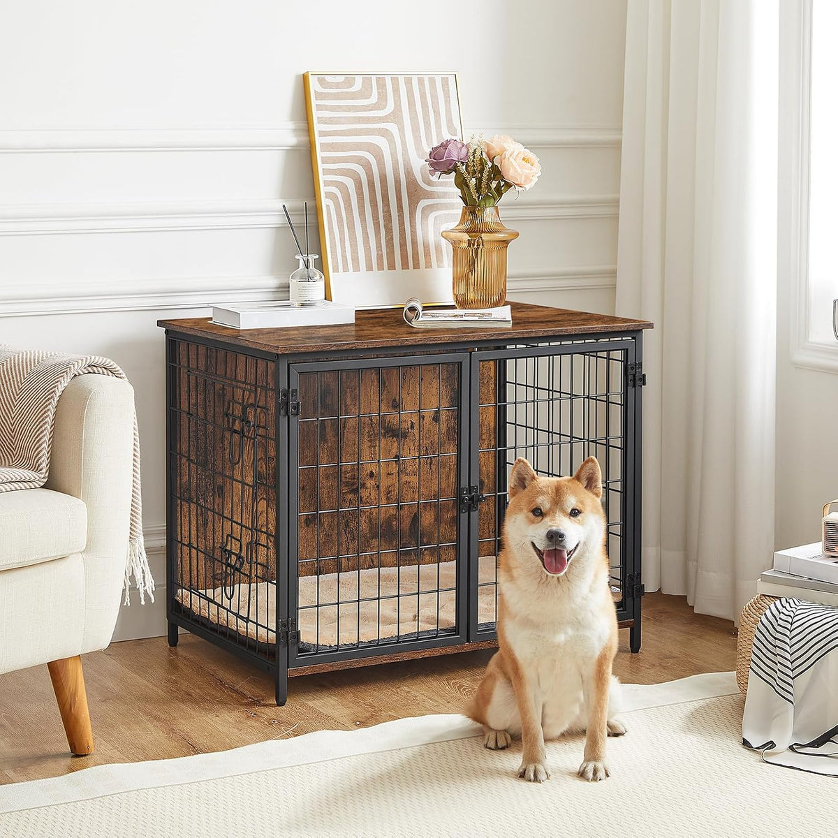 MAHANCRIS Dog Crate Furniture with Cushion - 31.5"L x 21.7"W x 25.6"H / Rustic Brown - image 2