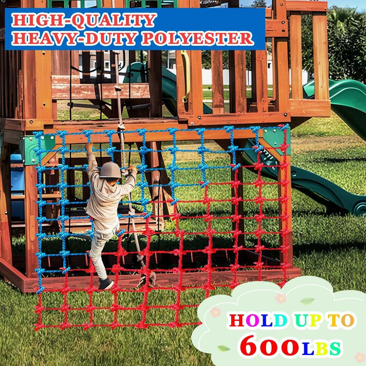 JumpTrzz polyester climbing cargo net for kids hung on a backyard swing set - view 9